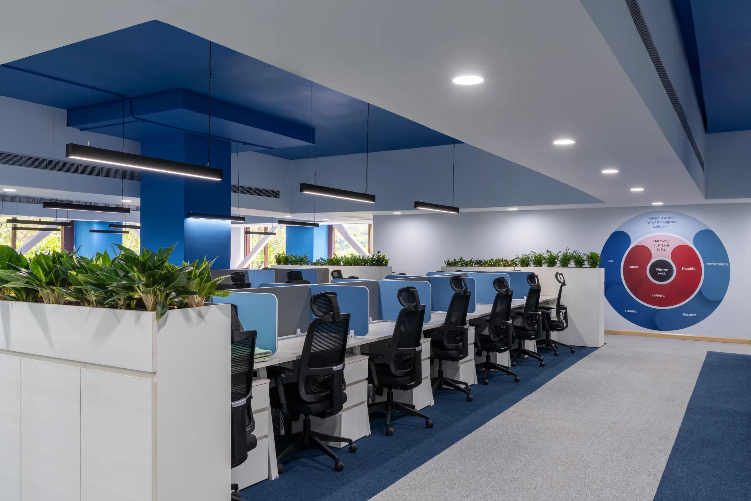 The blue ceiling grid over workstations, with the brand mark on the wall beyond, Blue Grid Workspace