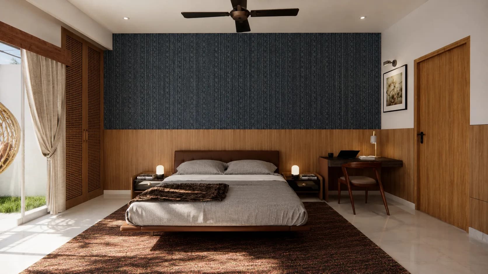 Bedroom with a navy textured wall, wood wainscot and a wooden ceiling fan, BNB In Roots (design visualisation)
