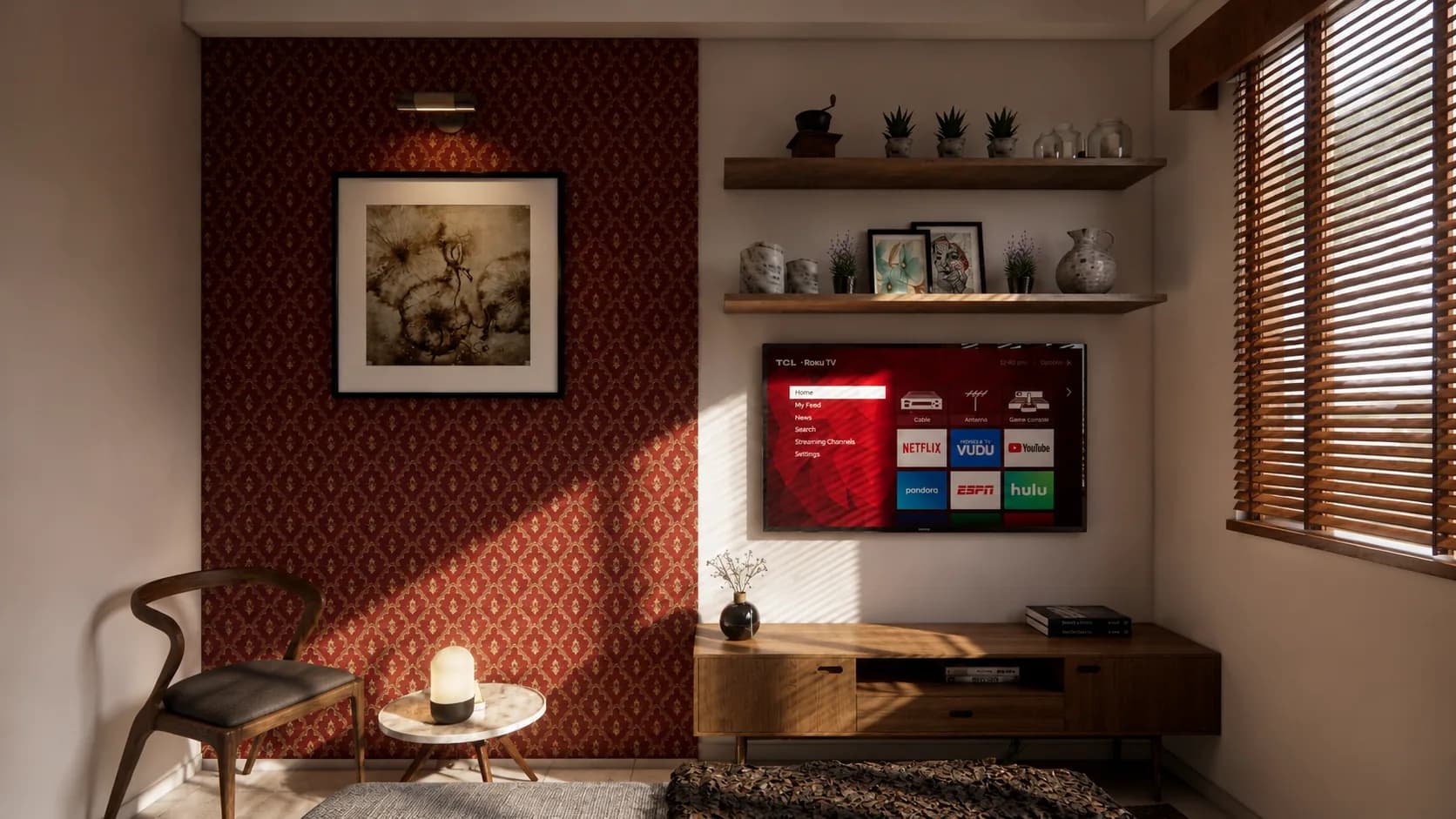 Media wall with a patterned red panel, open shelving and a wooden console, BNB In Roots (design visualisation)