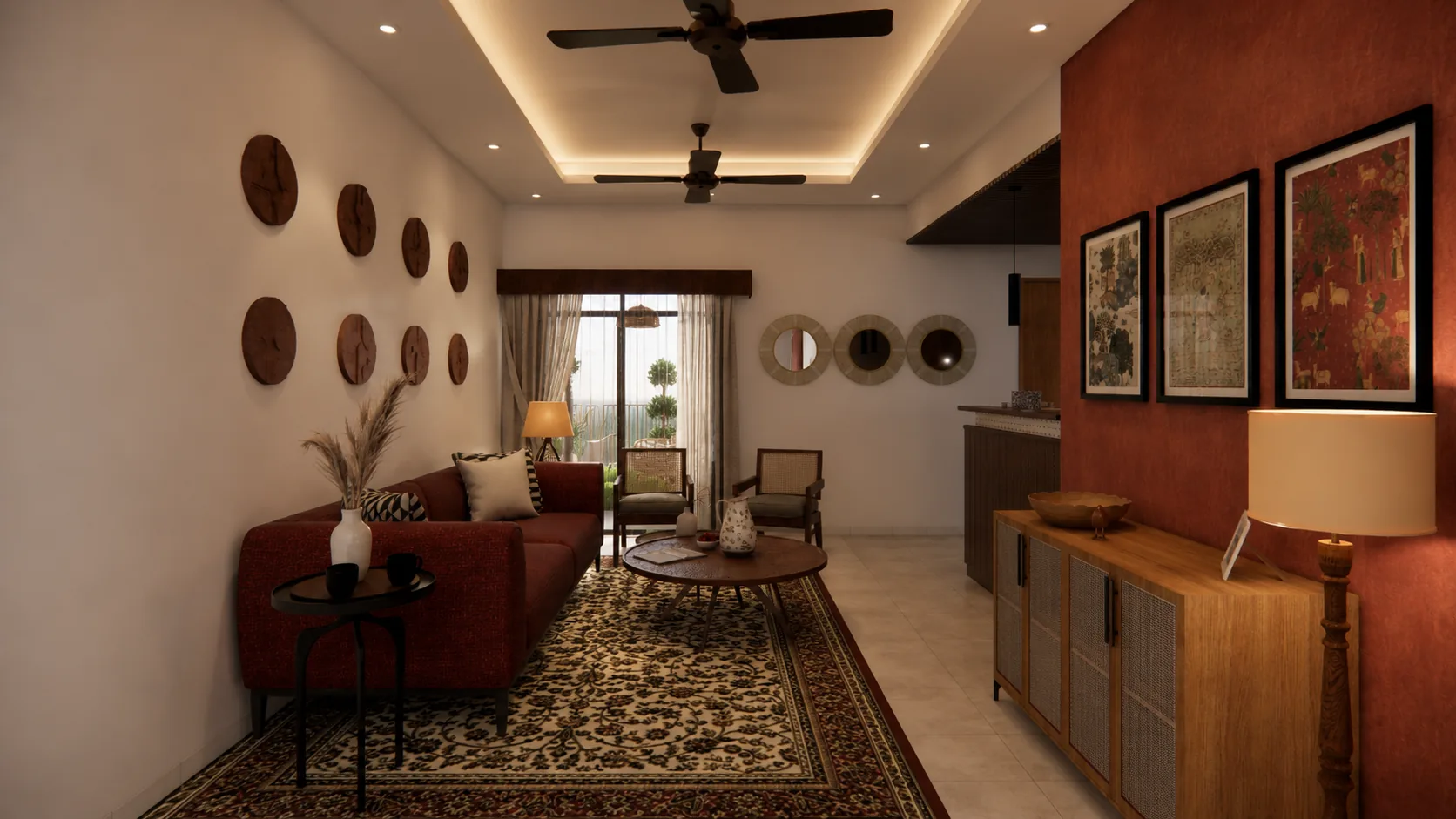 Long view of the living room with round wall mirrors and a cane-front sideboard, BNB In Roots (design visualisation)