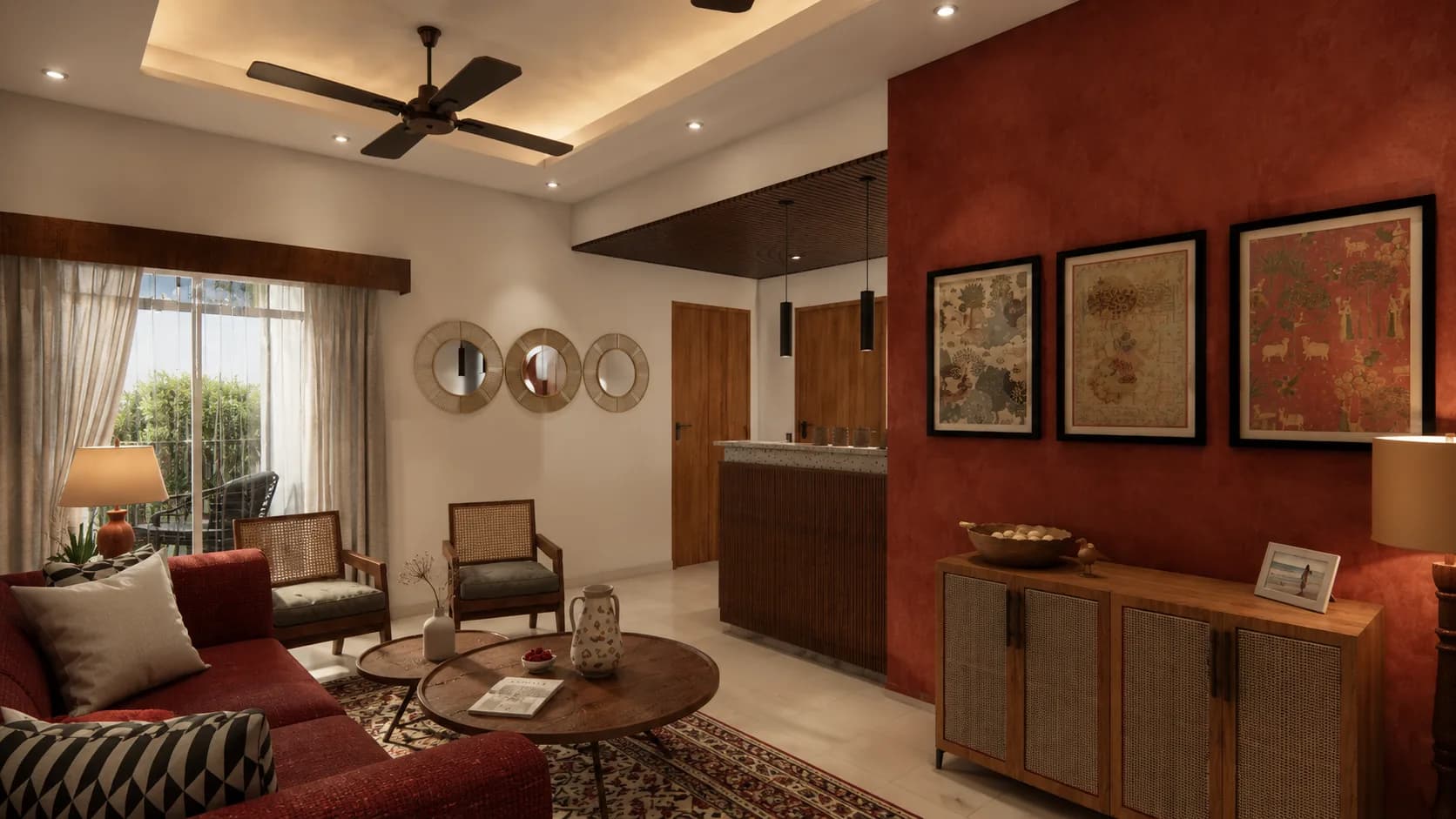 Living room seating by the window, with framed art on the red wall, BNB In Roots (design visualisation)