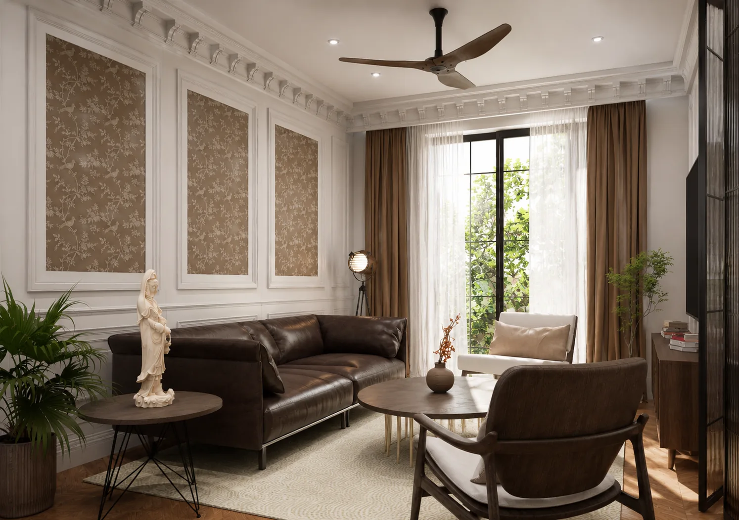 Living room with panelled walls, textured inserts, a leather sofa and a classical figurine, Gurjar Residence (design visualisation)