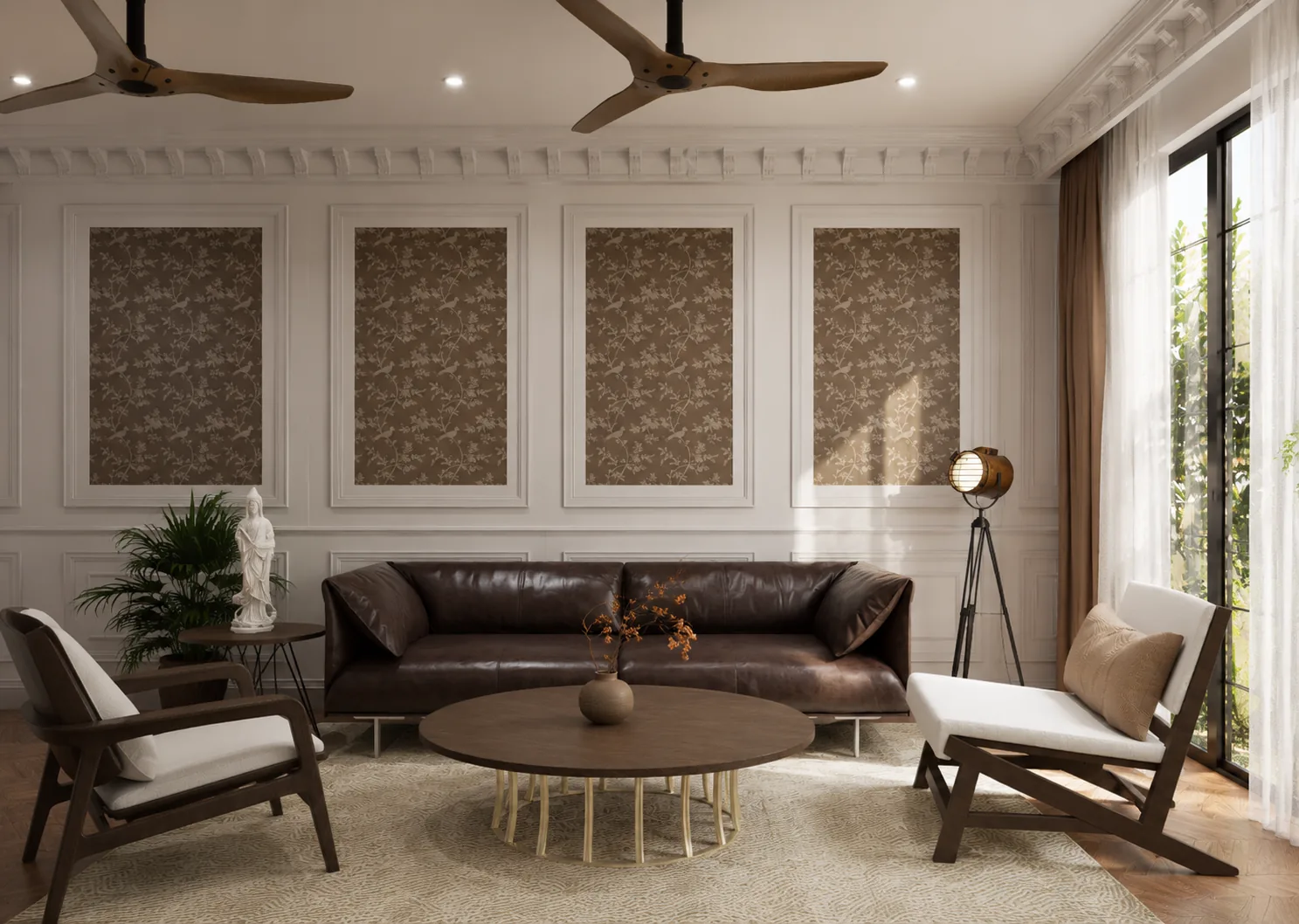 Living room with panelled walls, a leather sofa and lounge chairs around a round table, Gurjar Residence (design visualisation)