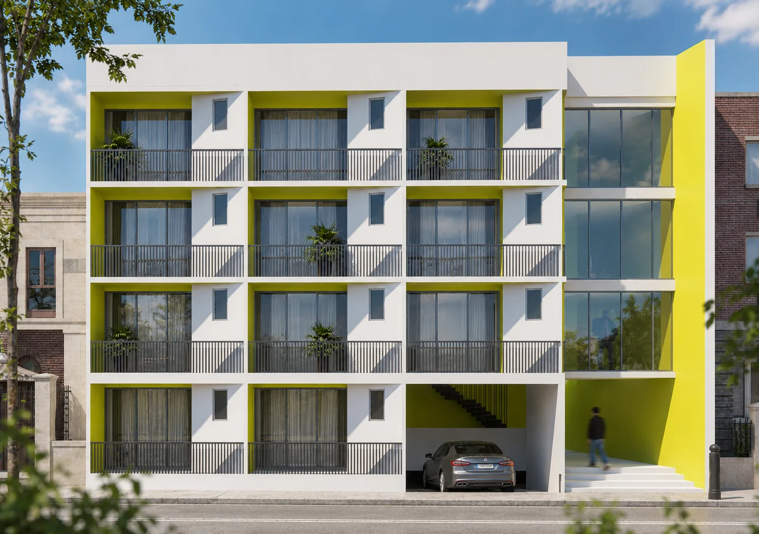 Hostel façade by day: white frame, black balcony railings and lime-yellow accents, Hostel (design visualisation)