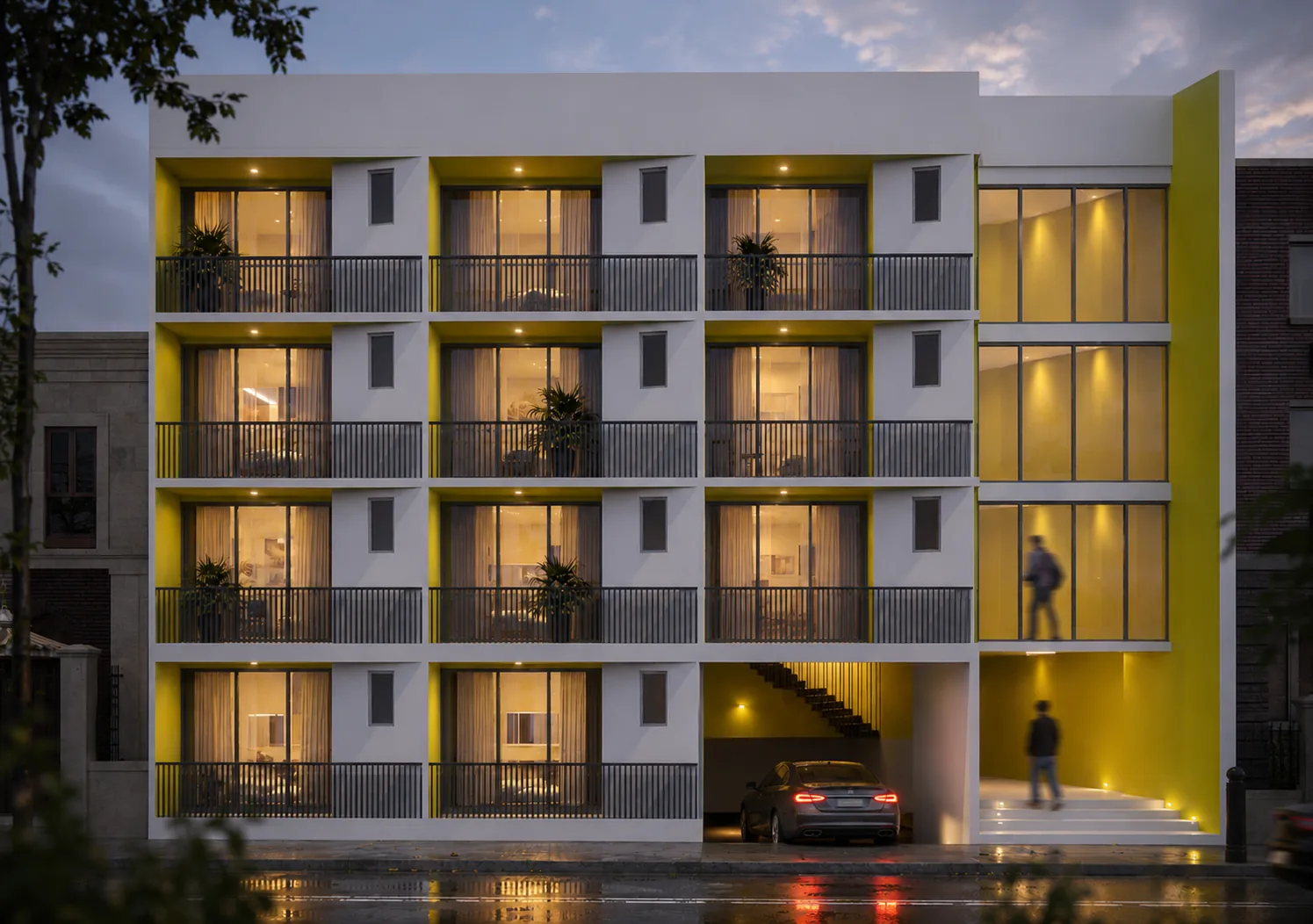 Hostel façade at dusk with warm interior lighting and a wet street, Hostel (design visualisation)