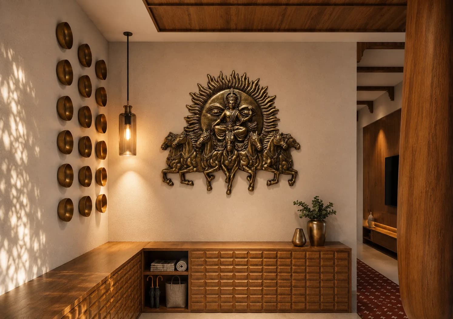 Foyer with a brass sun sculpture, decorative wall plates and a wooden console, Woods Residency (design visualisation)