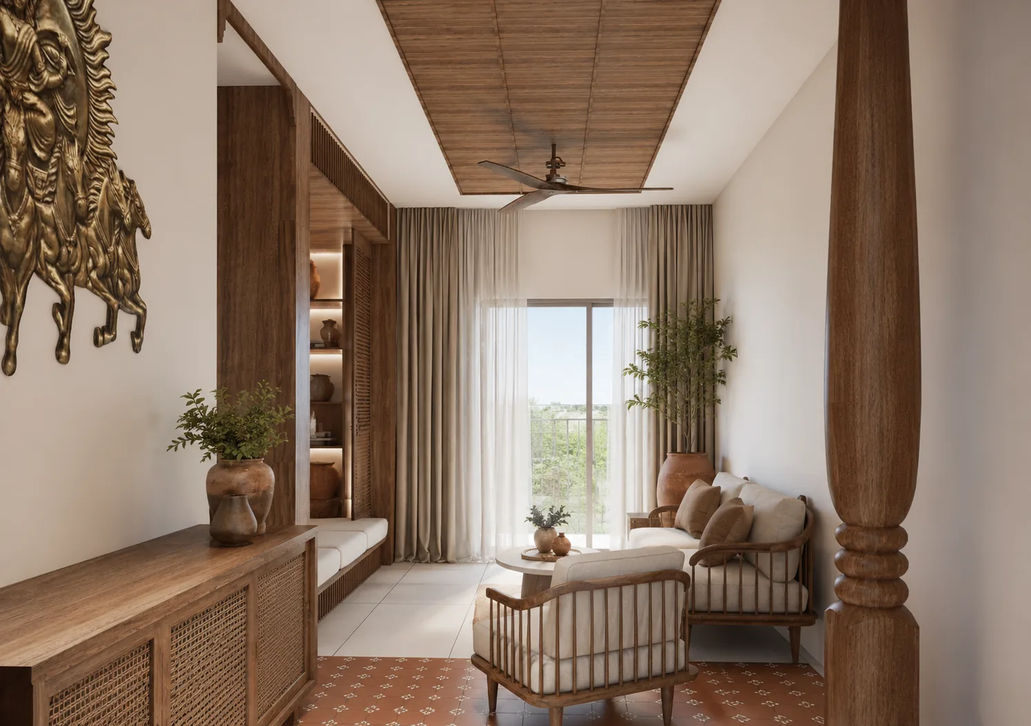 Foyer looking into the living room, with a carved wooden column and a long console, Woods Residency (design visualisation)