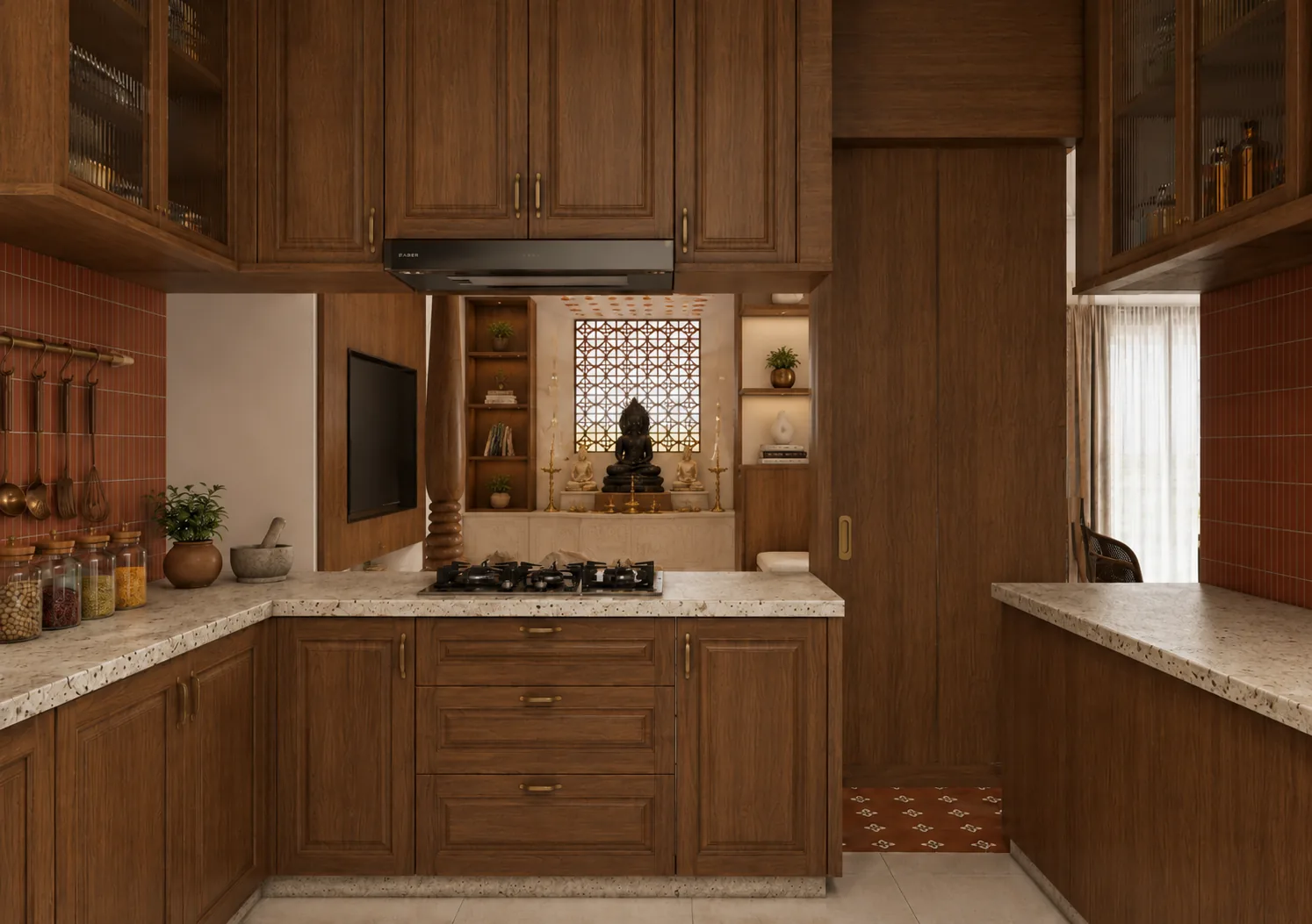 L-shaped kitchen in wood cabinetry with a jaali window above the hob, Woods Residency (design visualisation)