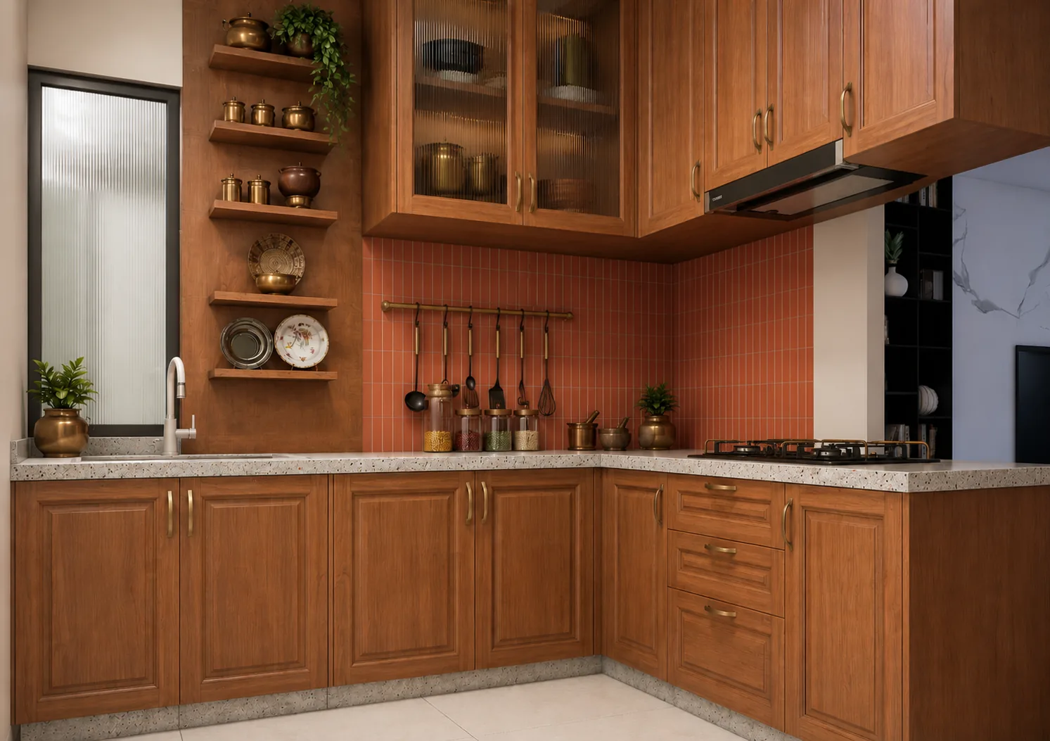 Kitchen with open shelving and a terracotta-toned backsplash, Woods Residency (design visualisation)