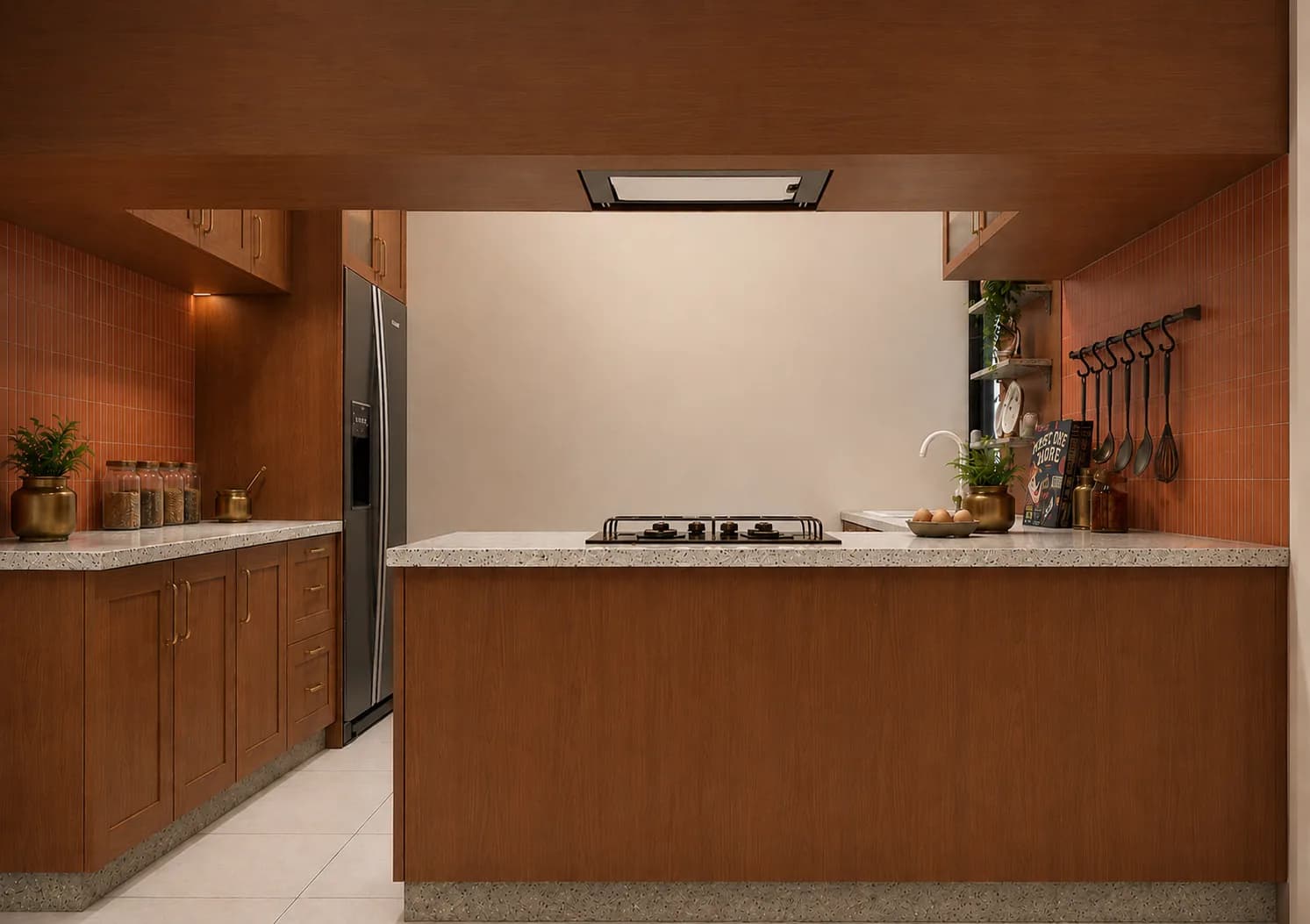 Kitchen island and wood cabinetry with a terracotta wall, Woods Residency (design visualisation)