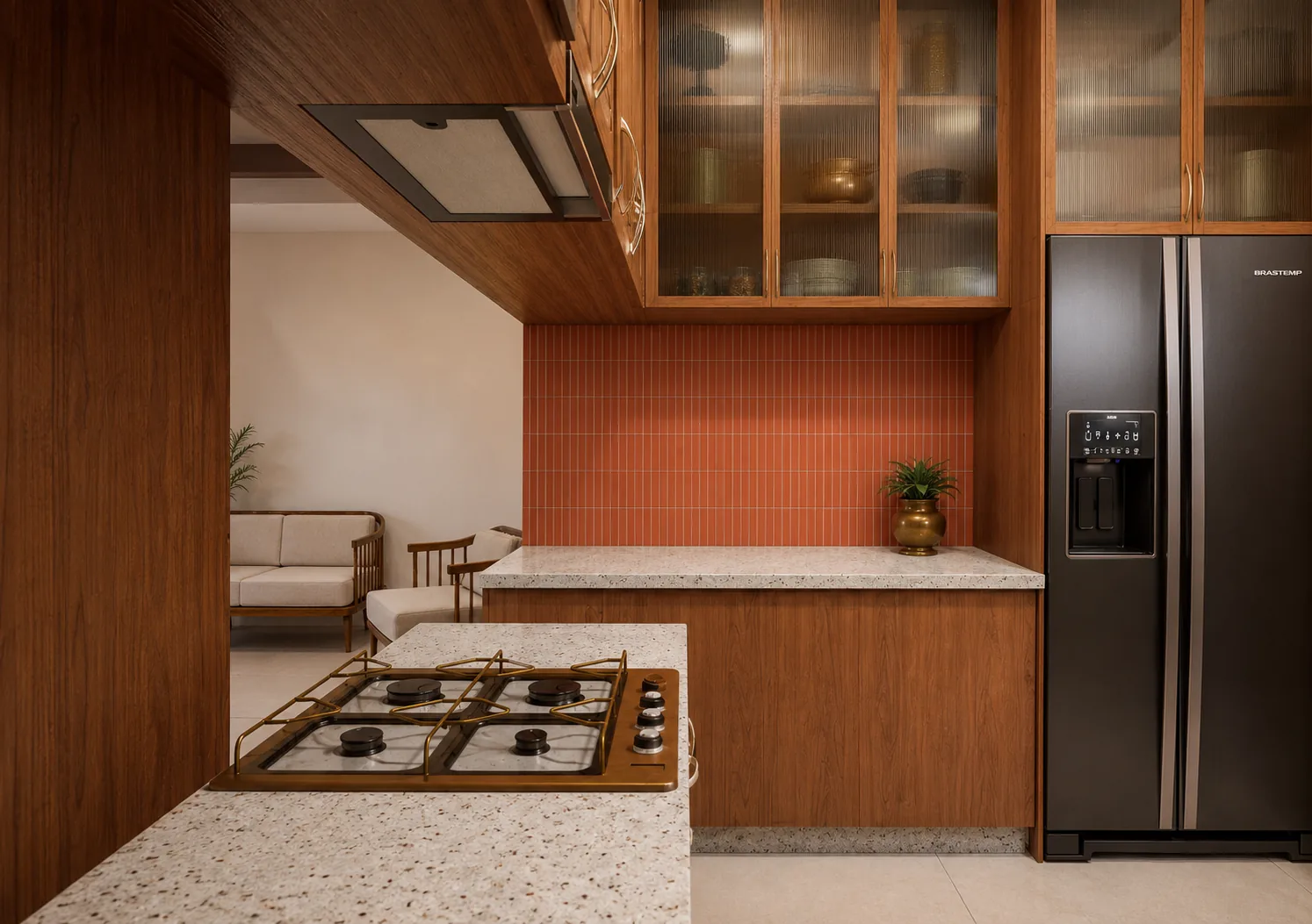 Kitchen with a hob counter, glass-fronted wall cabinets and a tall refrigerator, Woods Residency (design visualisation)