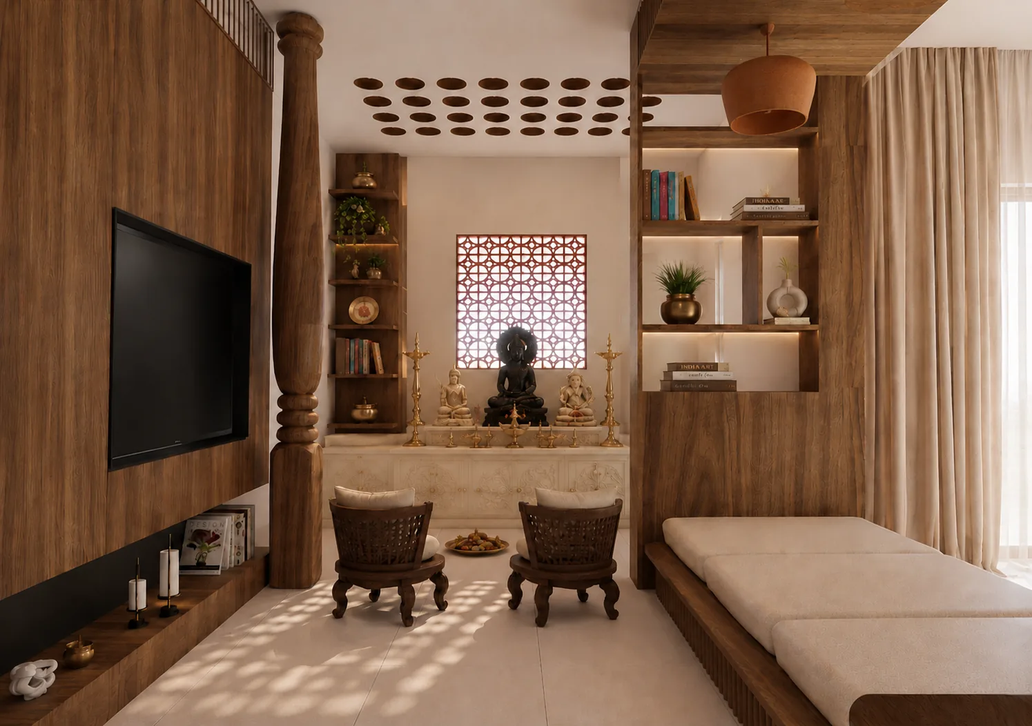 TV lounge with a wood-panelled media wall, low seating and a jaali window, Woods Residency (design visualisation)