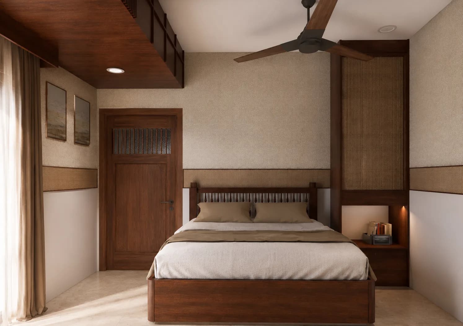Master bedroom with a wooden bed, a timber ceiling and a ceiling fan, Woods Residency (design visualisation)