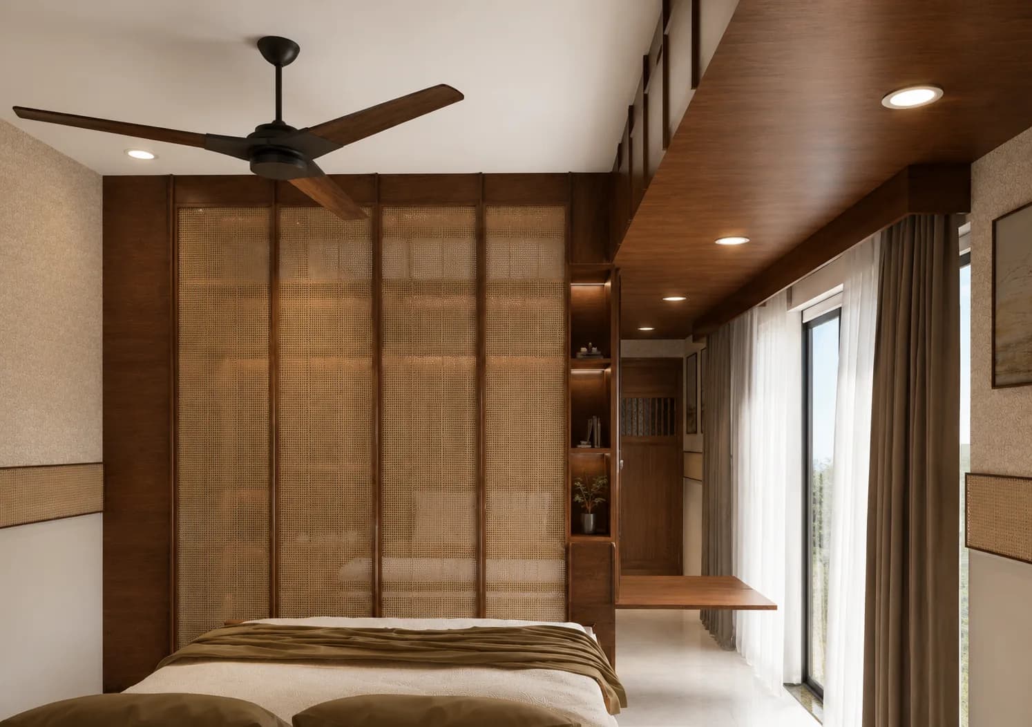 Master bedroom with a cane-panelled wardrobe wall and wood ceiling, Woods Residency (design visualisation)
