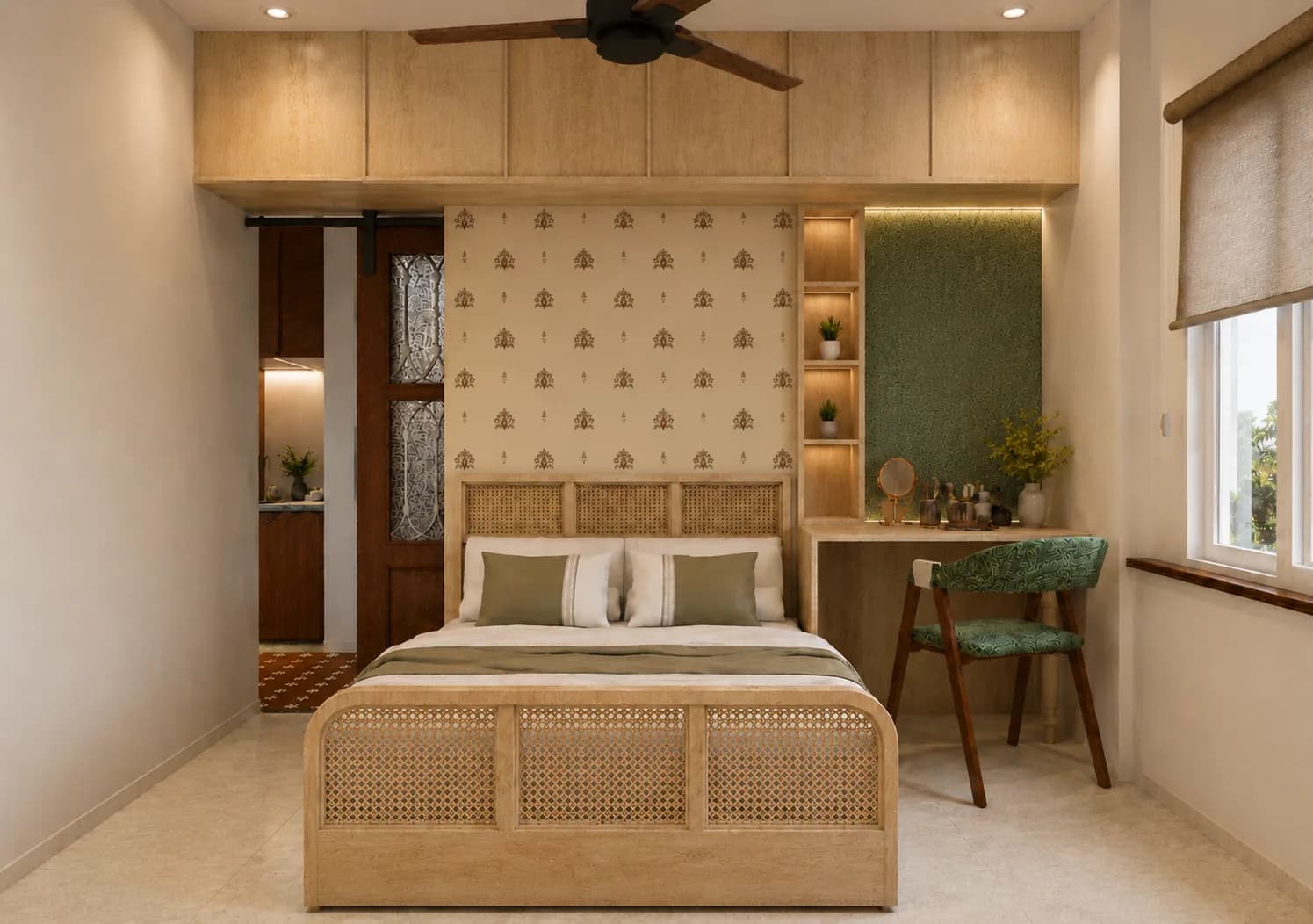 Bedroom with a cane bed, a patterned headboard wall and a study desk, Woods Residency (design visualisation)