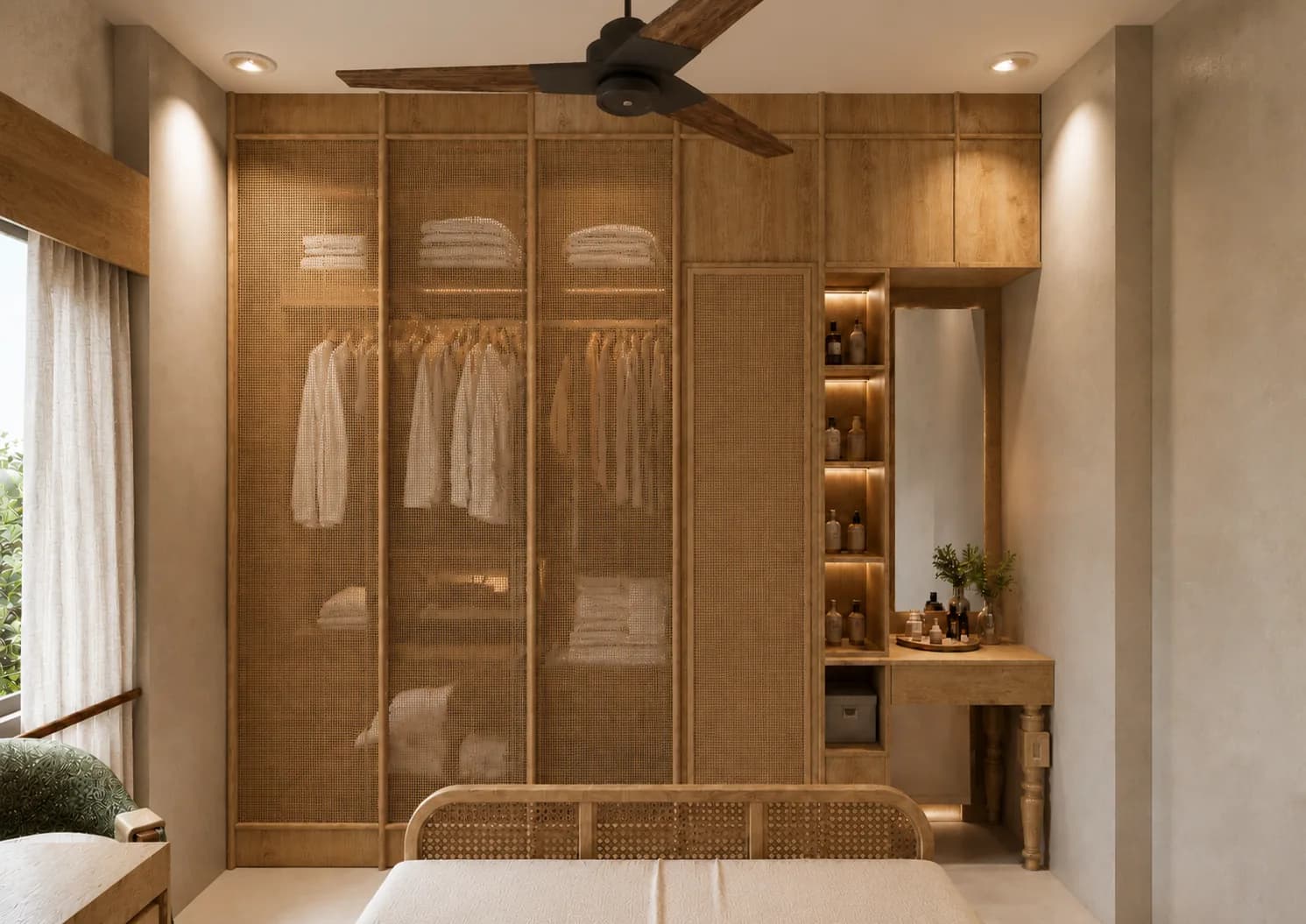 Bedroom with a cane-front open wardrobe and a dressing unit, Woods Residency (design visualisation)